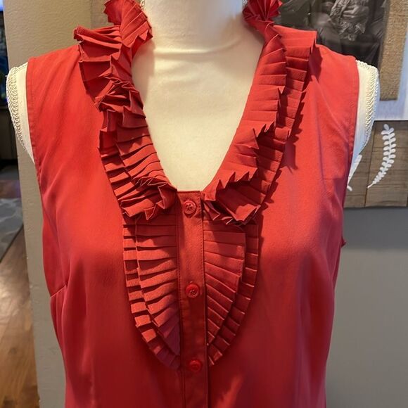 The Limited Coral Red Ruffle Front Sleeveless Button Down Shirt - Picture 3 of 7